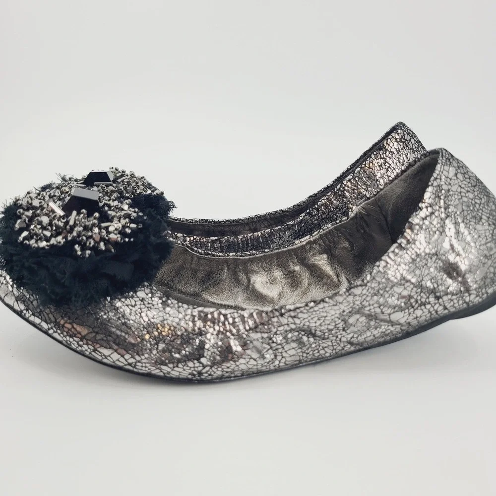 Tory Burch Crackle Leather Amelia Jeweled Crystal‎ Bow Round Toe Flats Size 7M